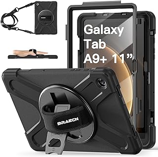 Stoßfestes Hardcase für Samsung Galaxy Tab A9+ mit Displayschutz, 360° drehbarem Standfuß, Hand- und Schulterriemen.