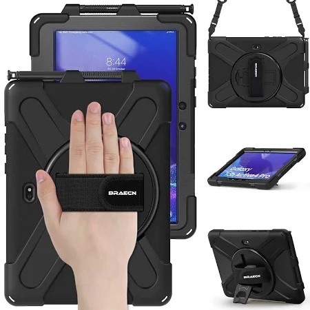 Stoßfestes Robuste Hardcase für Samsung Galaxy Tab Active 4 Pro 2022 / Active Pro 2019 10.1 Zoll, Stoßfestes Robuste Hardcase mit 360° drehbarem Standfuß und Handgurt, Stifthalterung, Schultergurt, Schwarz